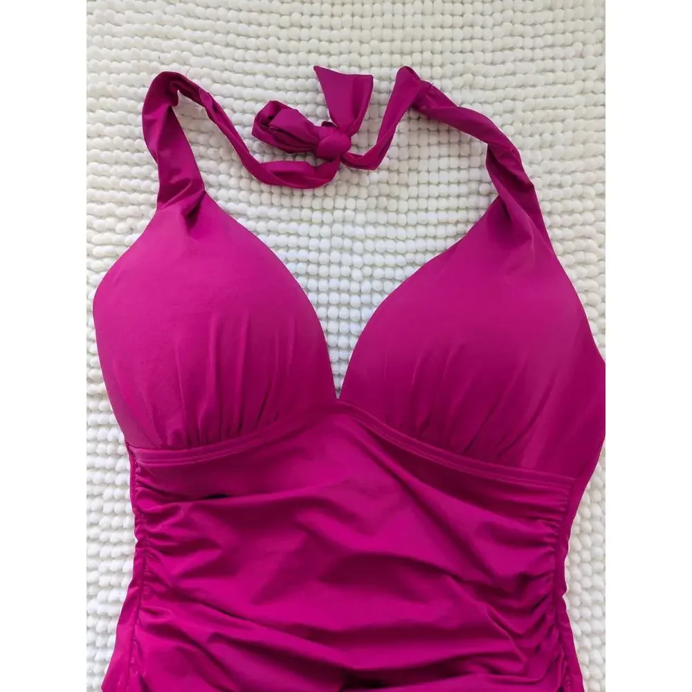 Lauren Ralph Women's One Piece Swimsuit Pink Beach Club Halter Tummy Control